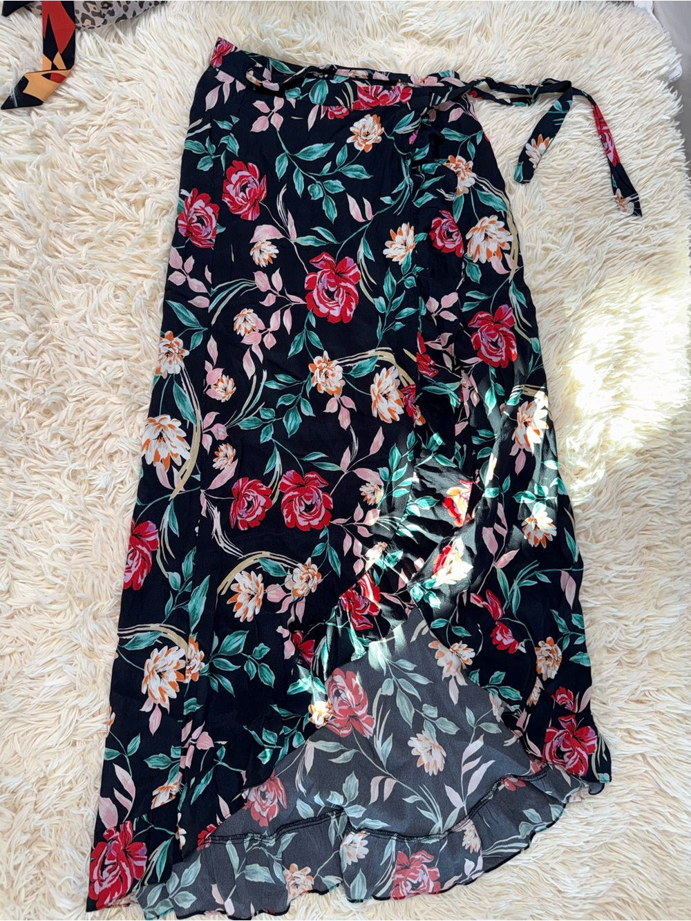 Floral Wrap Maxi Skirt - Black with Red & Cream Flowers
